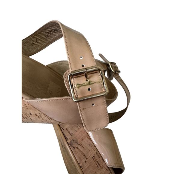 Stuart Weitzman Nude Patent Leather Cork Wedge Platform Sandals 9M Made in Spain - Picture 9 of 12